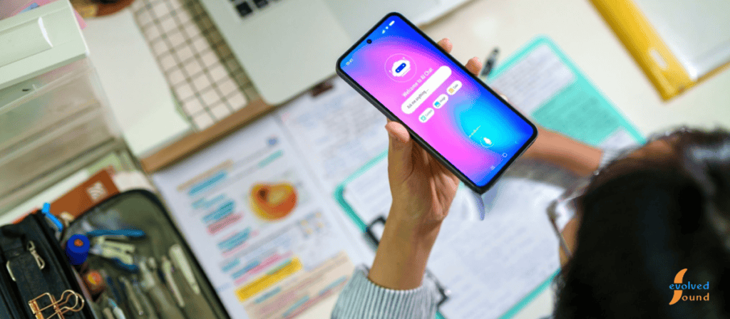 Person receiving a phone call on smartphone while working, representing AI phone assistants and call management
