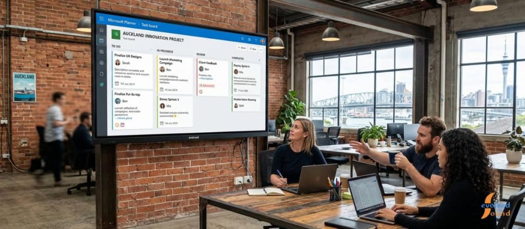 Modern industrial-style Auckland office with an Evolved TV screen displaying a Microsoft Planner task board.
