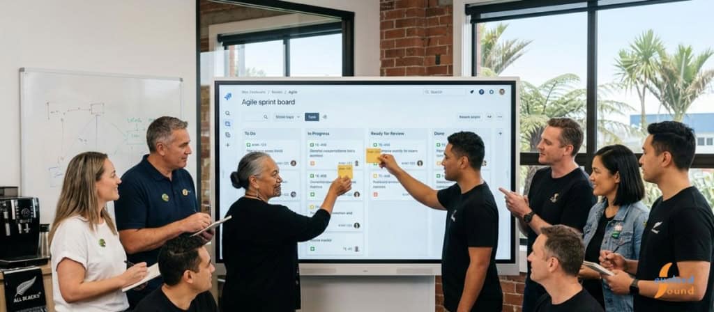 Team collaborating around an interactive screen while updating a Jira sprint board.

Integration Infographic:
