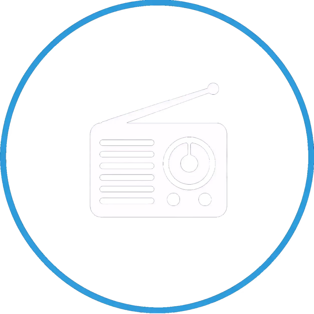 White radio icon inside a blue circular border on a transparent background.